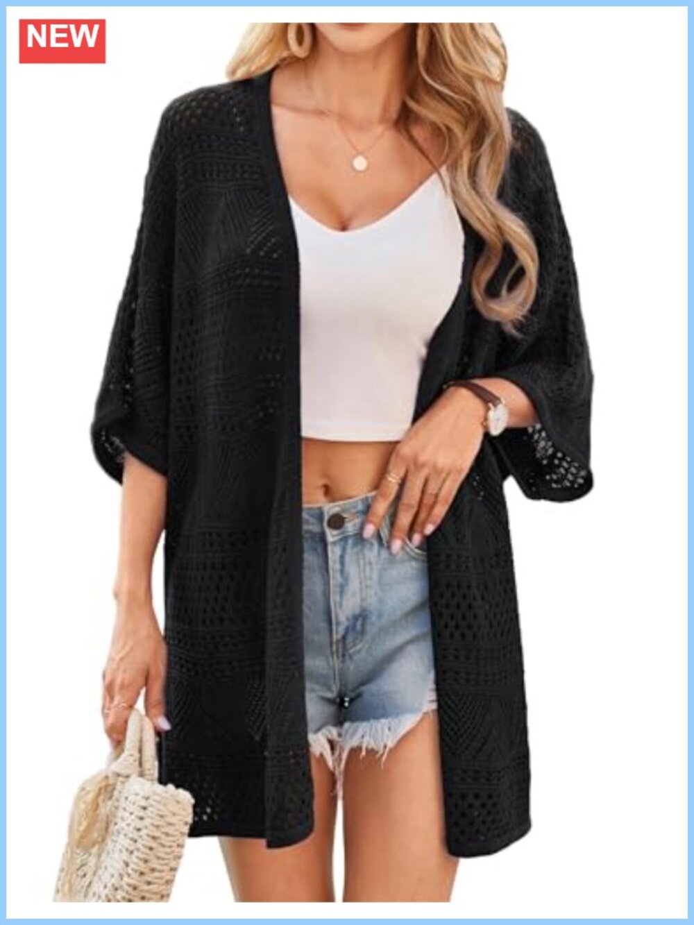 Lightweight Crochet Knit Kimono Cardigan Open Front Batwing Sleeve Beach Coverup